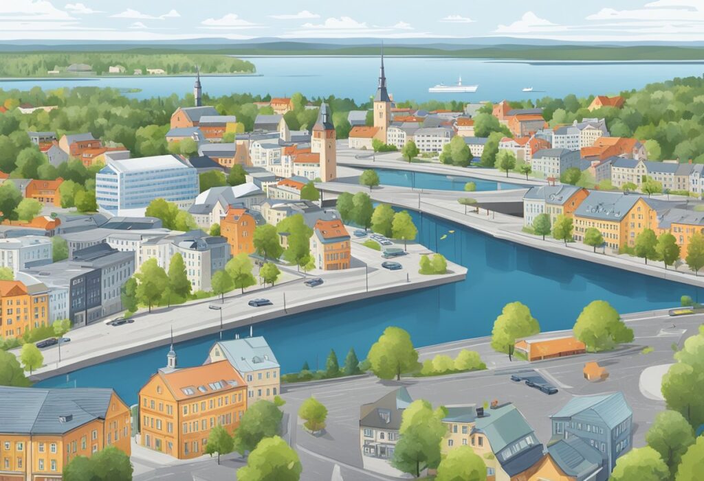 Lappeenrannan kaupunkikuva, jossa näkyvät liikerakennukset ja selkeä näkymä kaupungin verkkosivuille digitaalisella laitteella