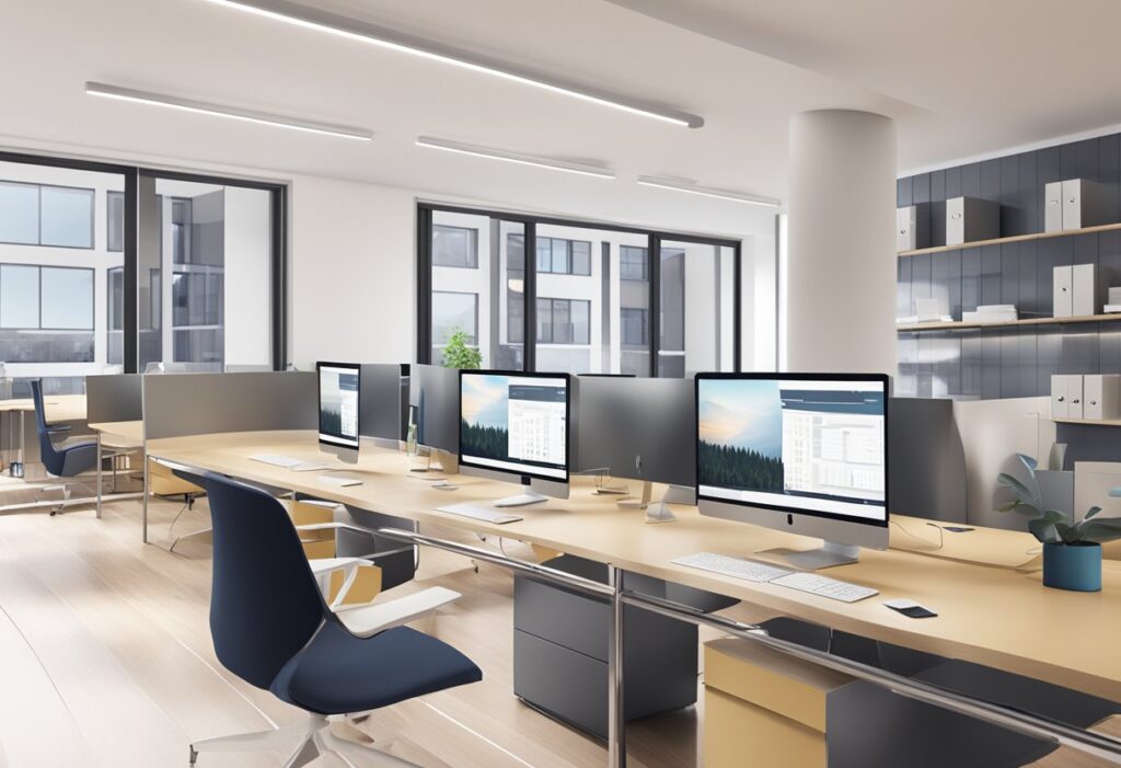 Moderni toimisto Lappeenrannassa tietokoneilla ja näytöillä näkyy verkkosivu