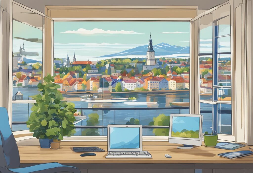 Tietokoneen näytöllä nettisivut ja Lappeenrannan kaupunkikuva näkyy ikkunan läpi
